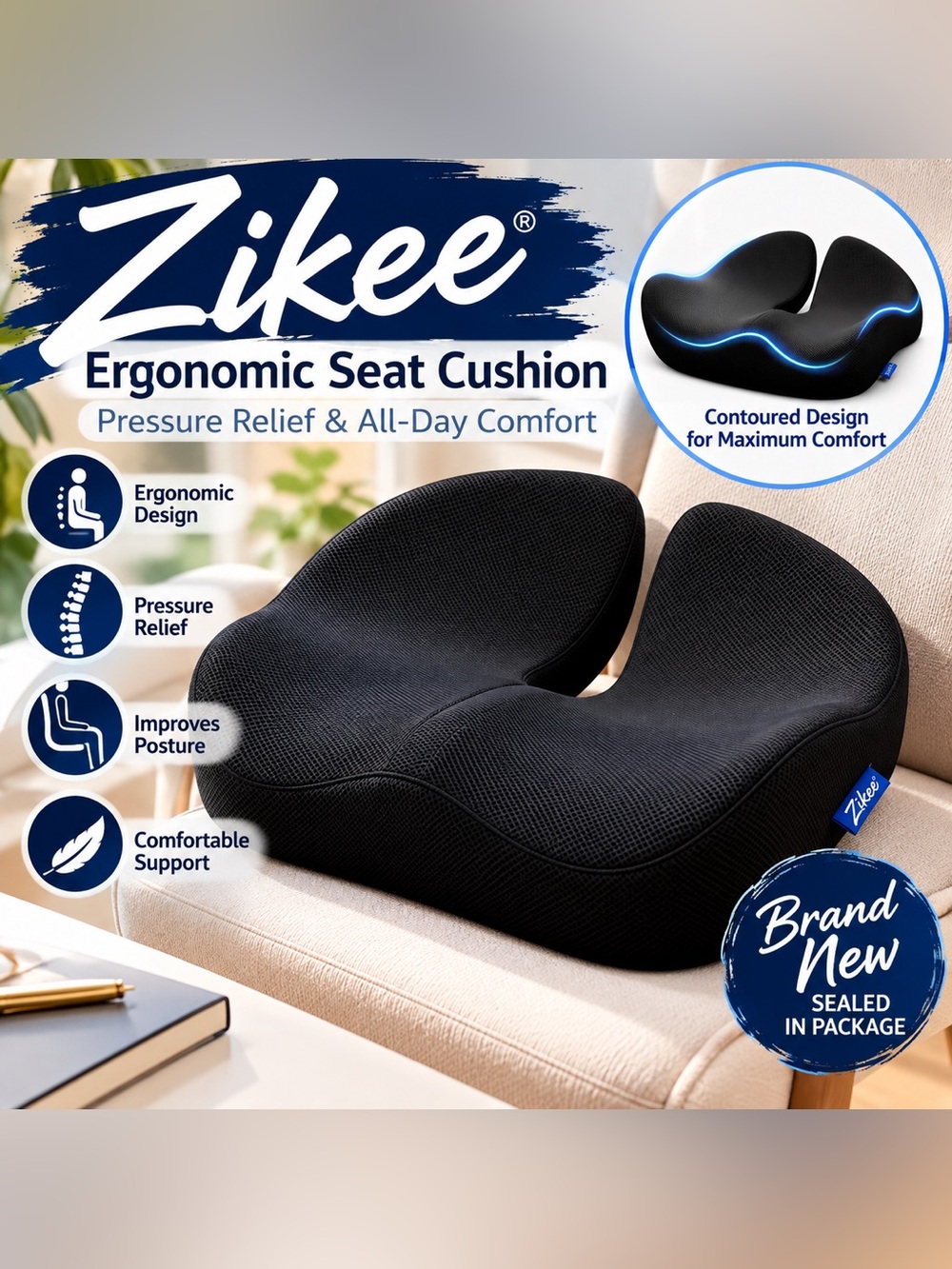 Black Ergonomic Seat Cushion for Pressure Relief